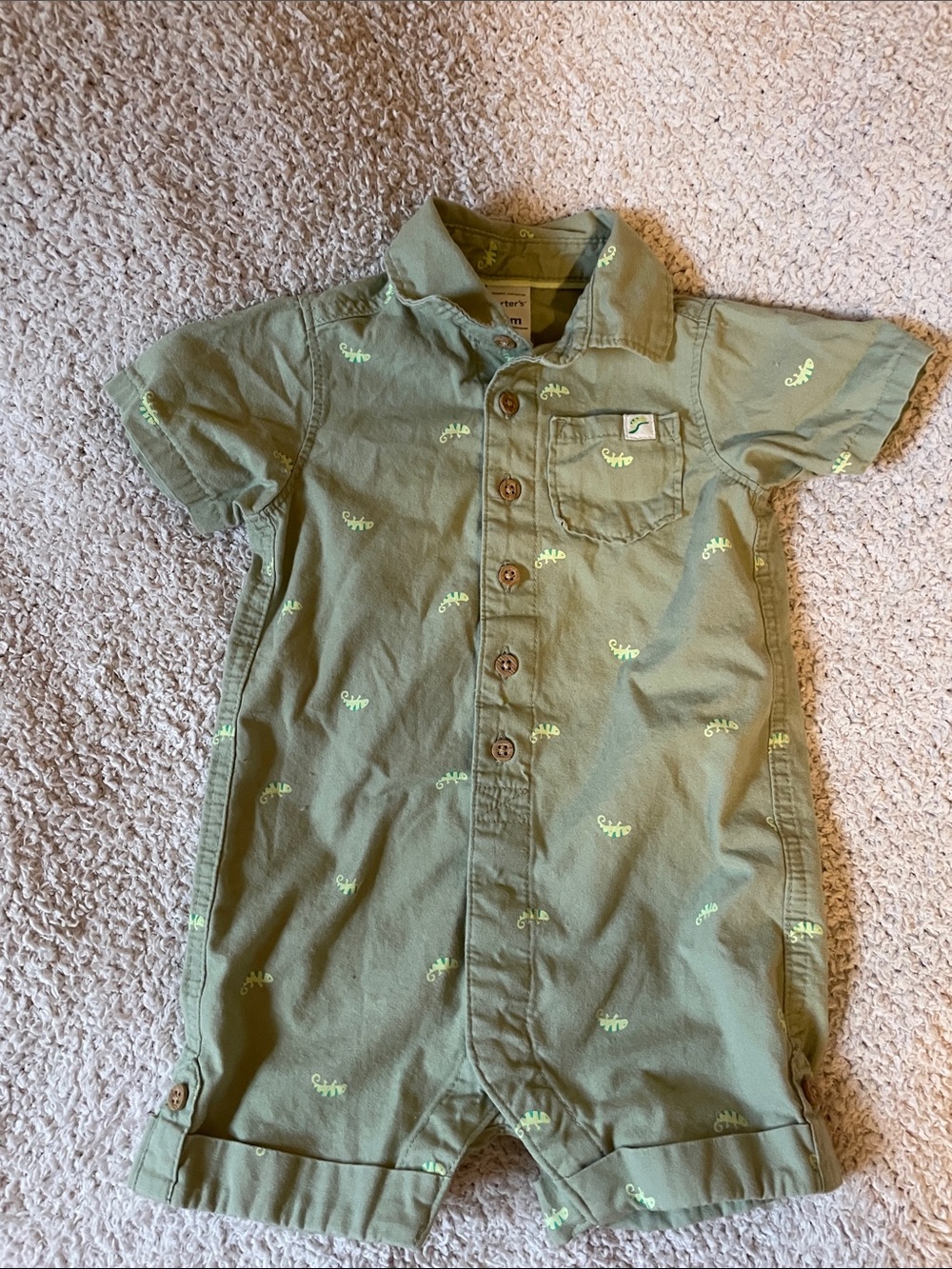 Carter's Olive Green Short Sleeve Button Romper with Neon Green Iguana EUC